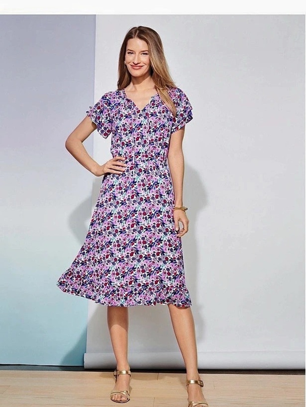 Talbots Floral Midi Dress in Pink & Blue Size 4
